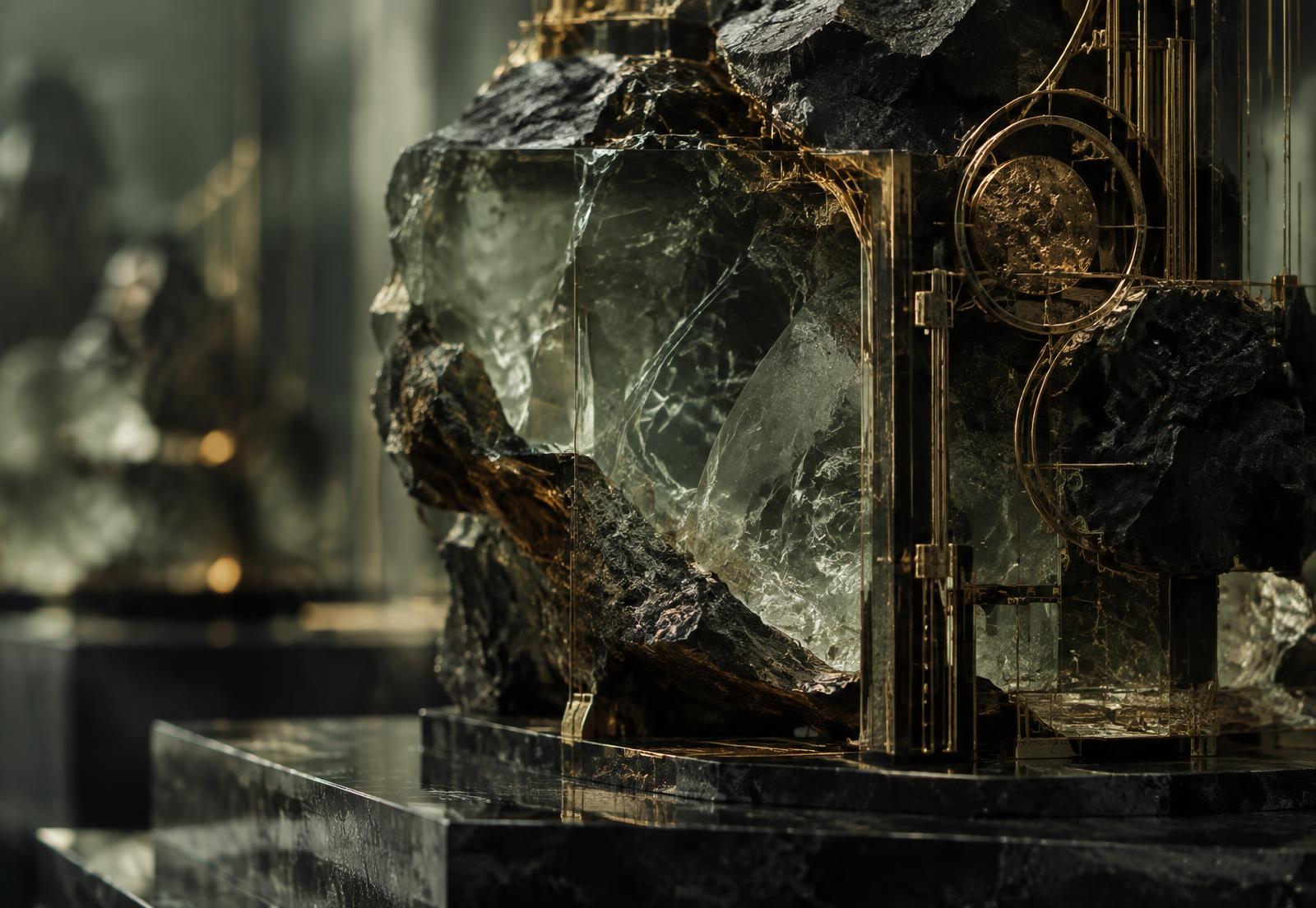 Glass, mineral and gold technical sculpture