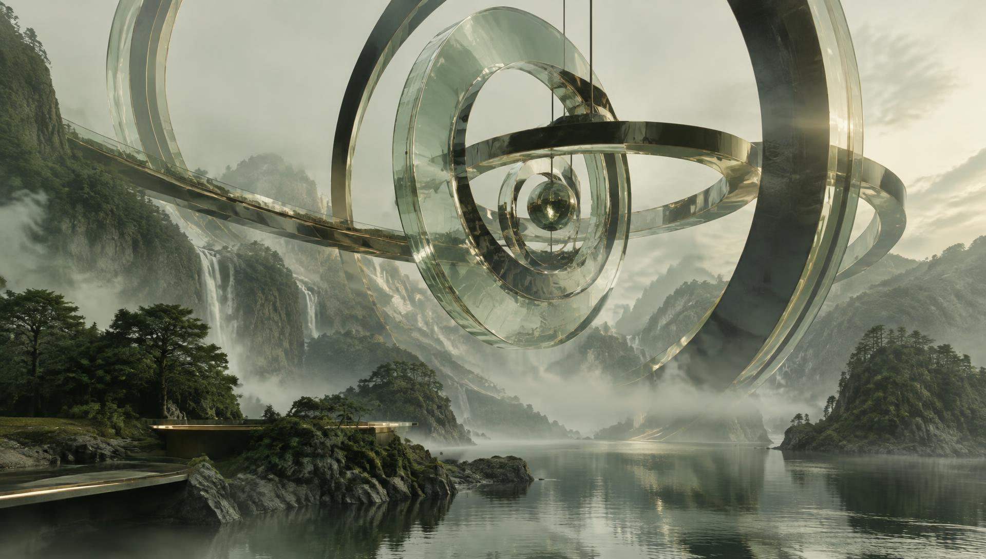 Monumental orbiting architecture in a misty landscape